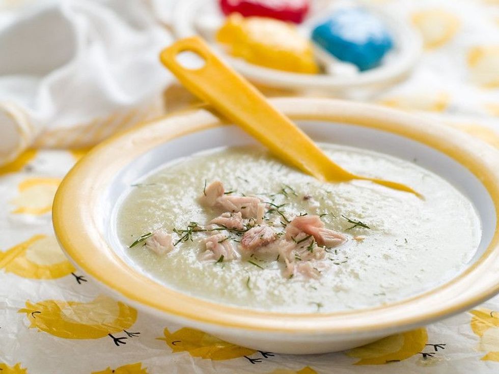 Organic pureed vegetables soup with chicken for baby.