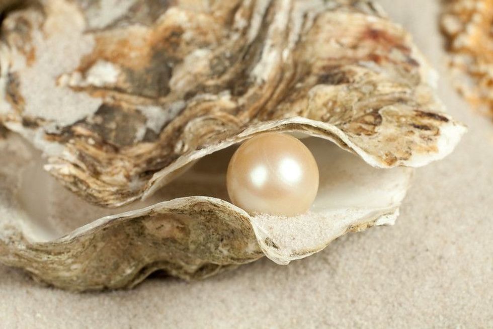 Oyster on a sandy beach with one large pearl in it.
