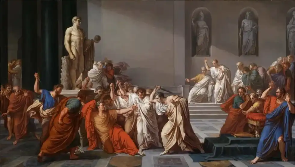 Painting of Julius Caesar in the Roman Senate with the other senators.