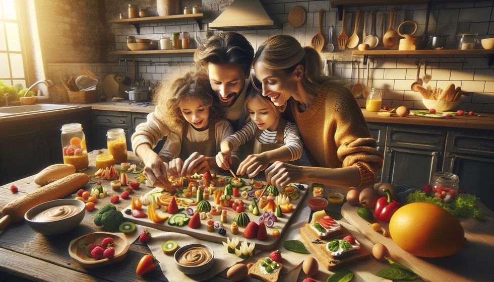 Parents and children creating food art together, using a variety of colorful ingredients in a kitchen setting.