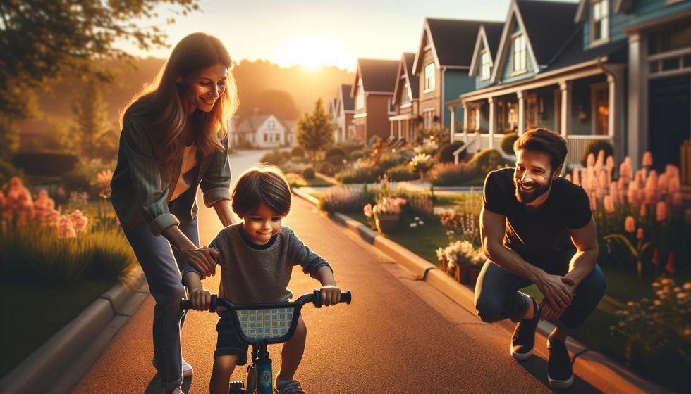 Parents guide their child in biking through a suburban neighborhood, embodying the essence of family outdoor activities