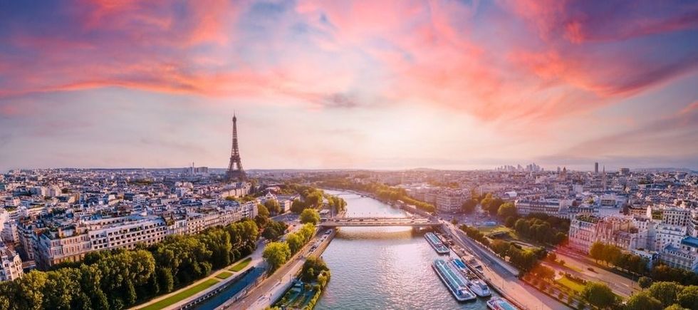 Paris aerial panorama with river Seine and Eiffel tower, France.