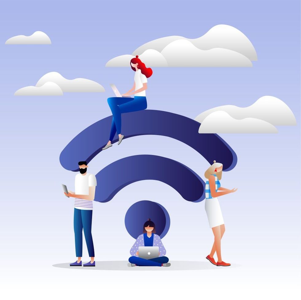 People in free internet zone working on laptops sitting on a big wifi sign. Free wifi hotspot, wifi bar, public assess zone, portable device concept. Illustration with characters