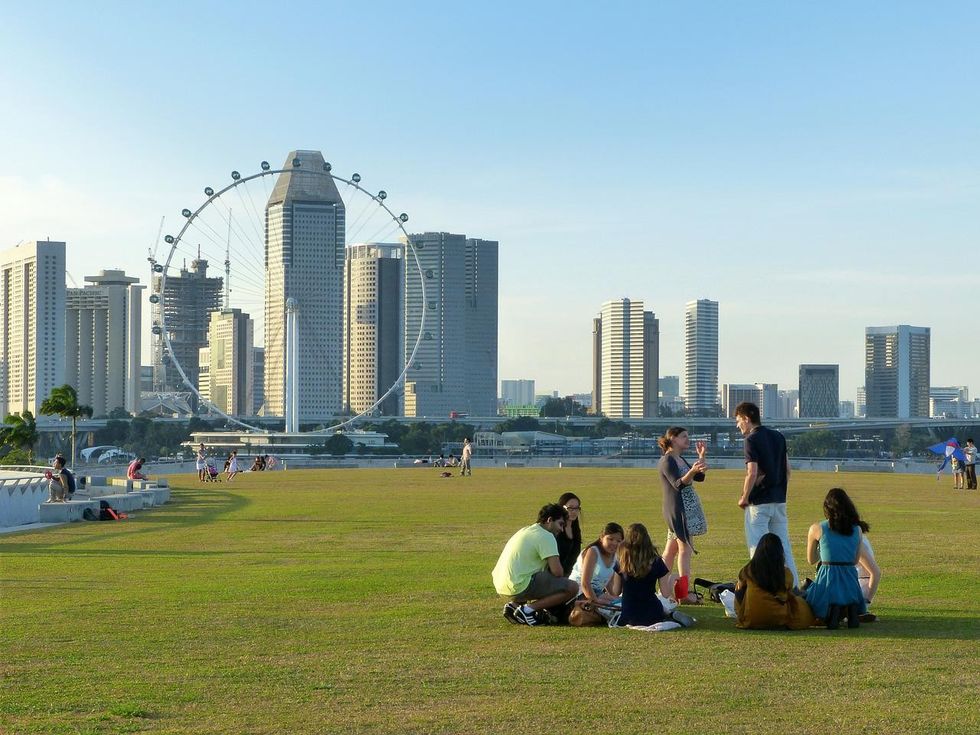 People relaxing in a park with the Singapore Flyer and skyline in the background.