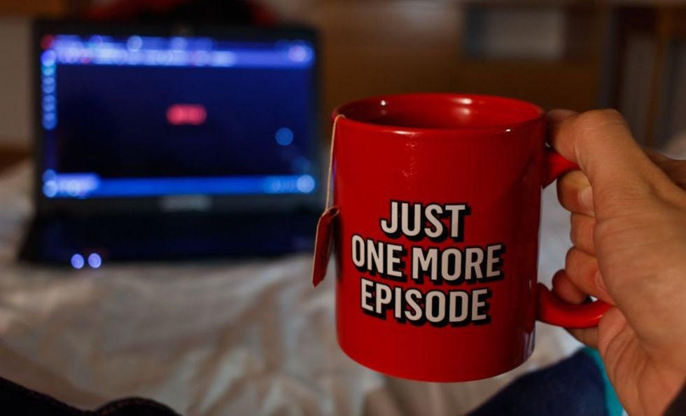 Person watching series on laptop holding a mug with the words just one more episode written