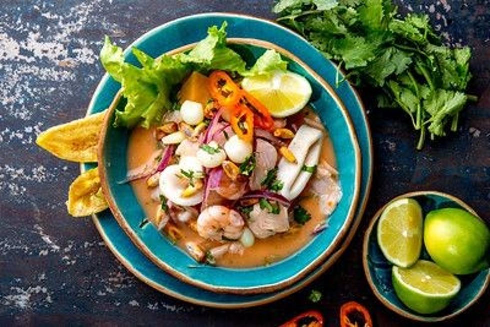 Peruvian seafood and fish sebiche with maize.