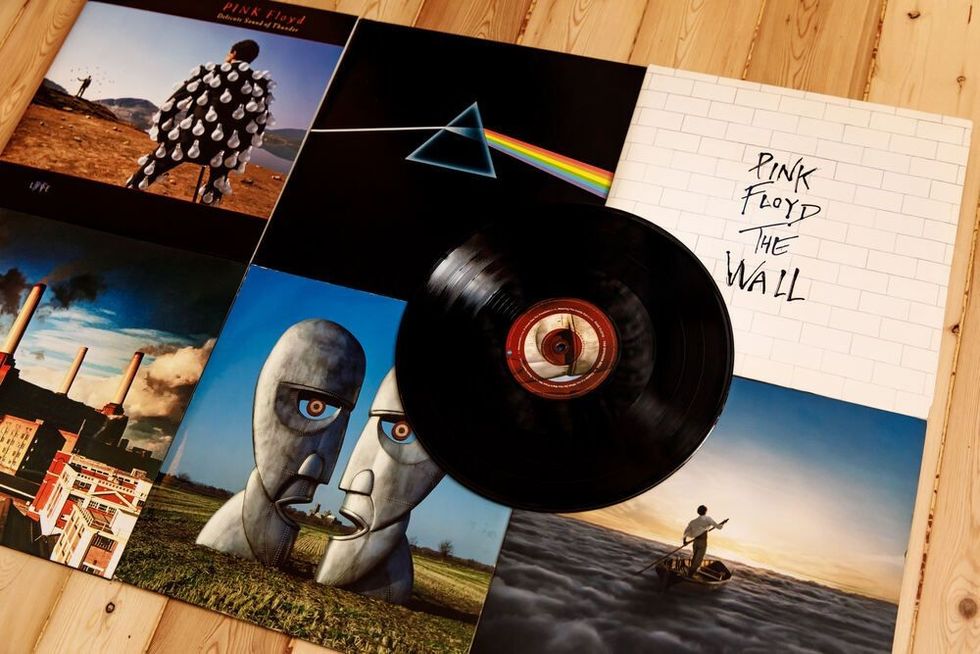 Pink Floyd Vinyl Collection on wooden background