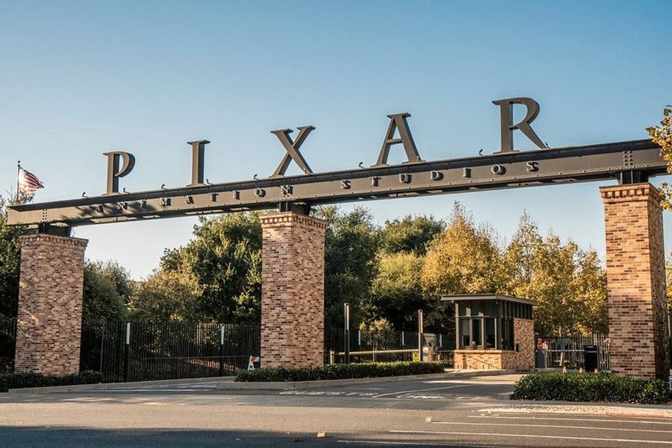Pixar facade, animation studio, during the afternoon at sunset.