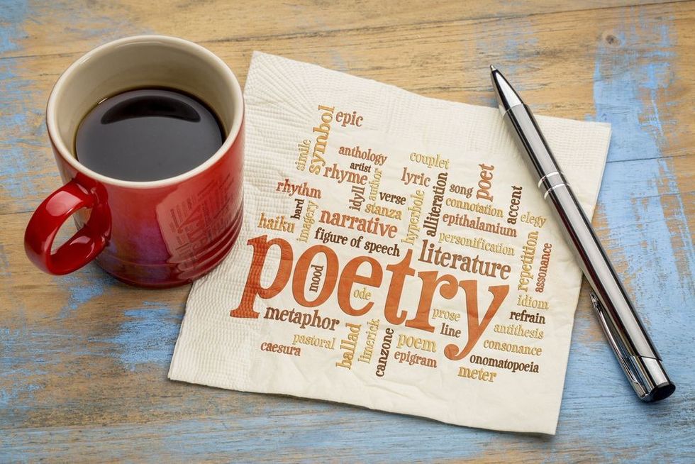 Poetry word cloud on a napkin with a cup of coffee.