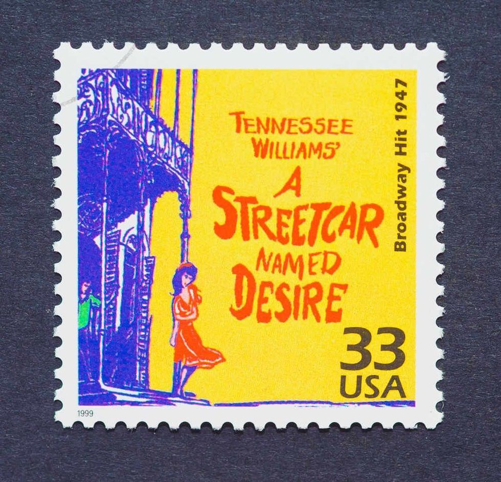 Postage stamp printed in USA showing an image of the Broadway play A Streetcar Named Desire by Tennessee Williams, circa 1999.