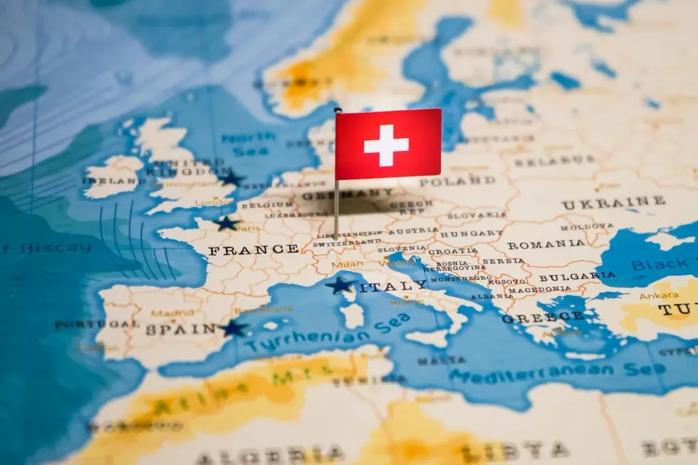 Red Cross Flag of Switzerland on the World map