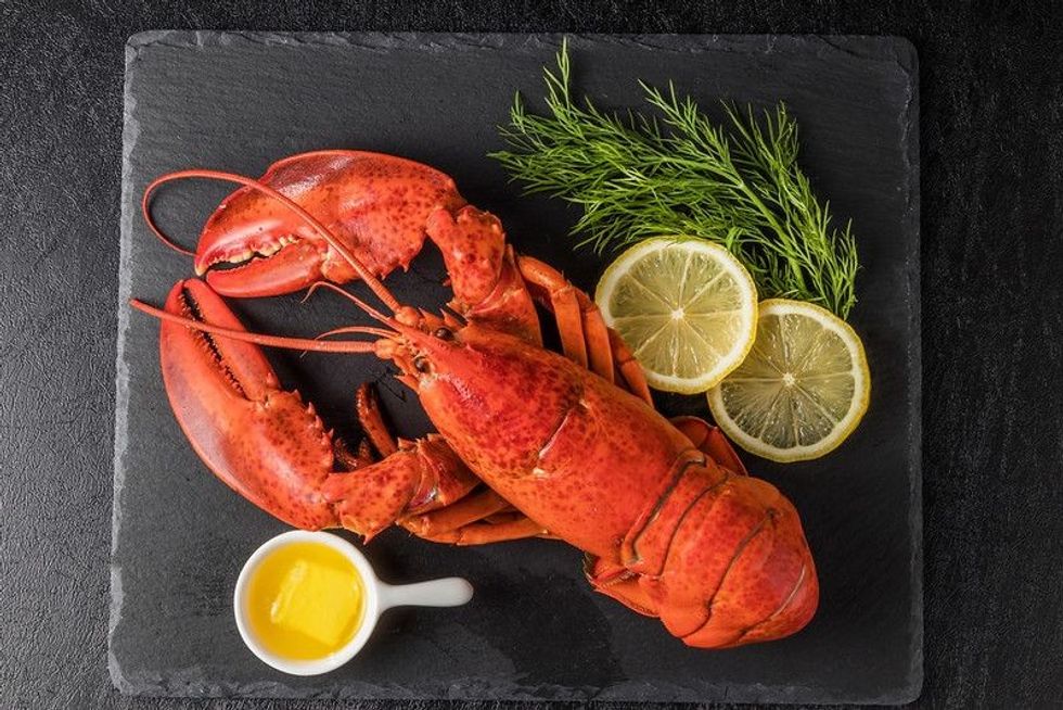 Red lobster with vegetable and lemon on black slate plate.
