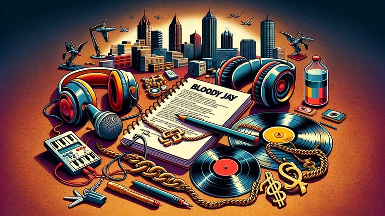 Representation of Bloody Jay's persona, with a microphone, headphones, lyric notebook, Atlanta skyline, vinyl records, and a music note chain.