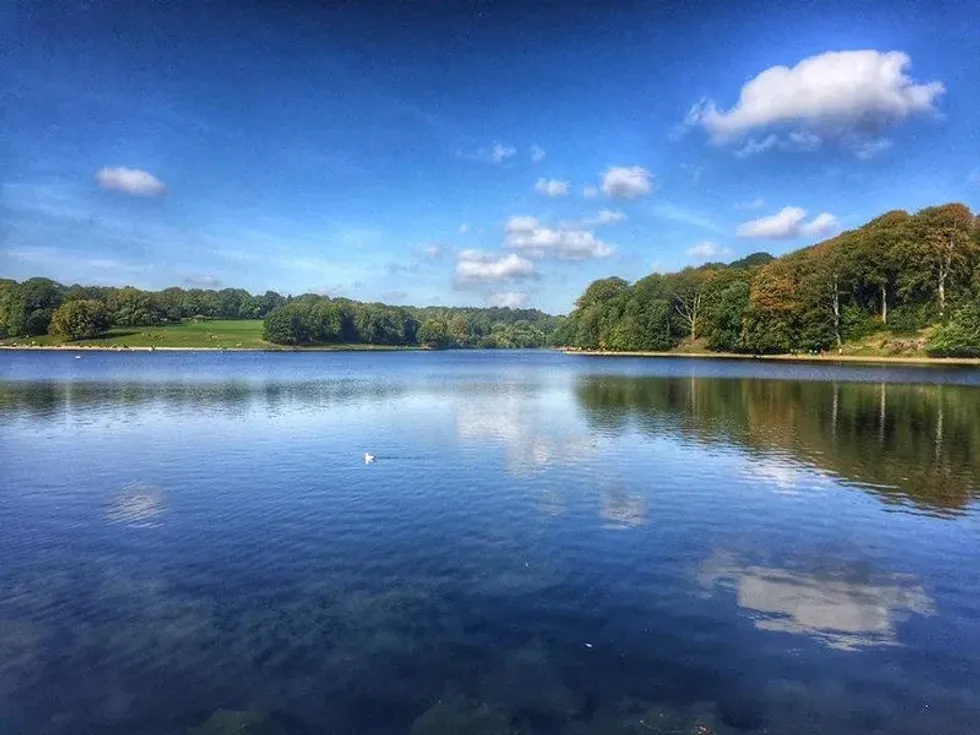Roundhay Park landscape and lake with blue clear skies reflected in lake.