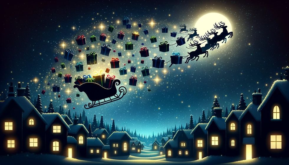  Santa's sleigh, overflowing with colorful gift boxes, flies across a starlit sky above a sleepy town.