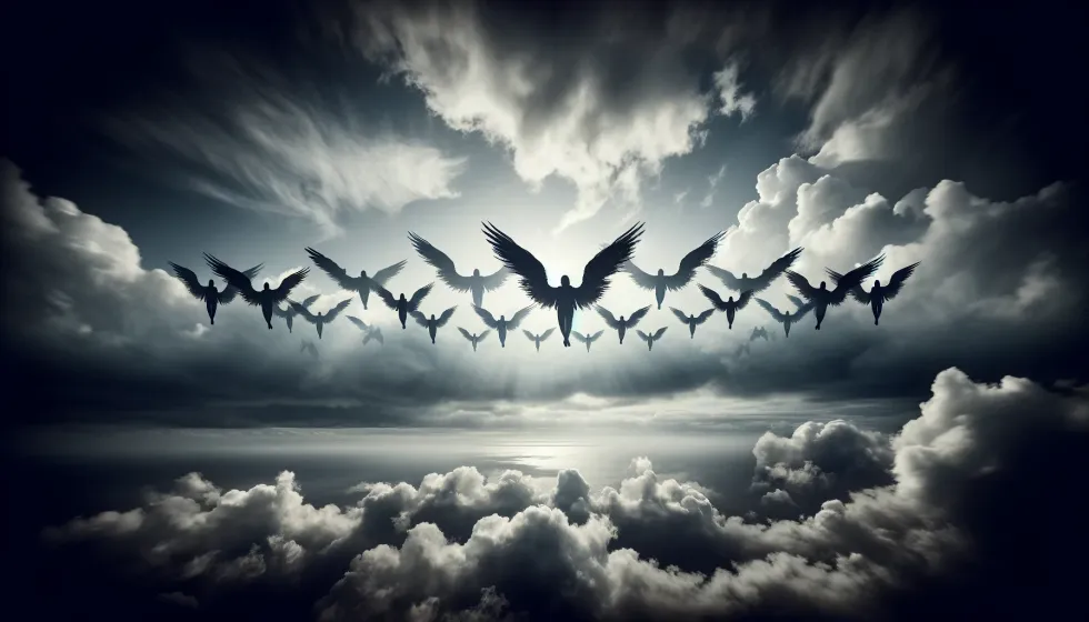 Shadowy figures with wings arrayed in formation, soaring through a cloud-covered sky.