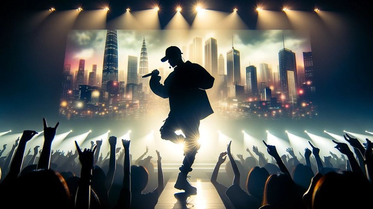 Silhouette of a rapper performing amidst a cheering audience.