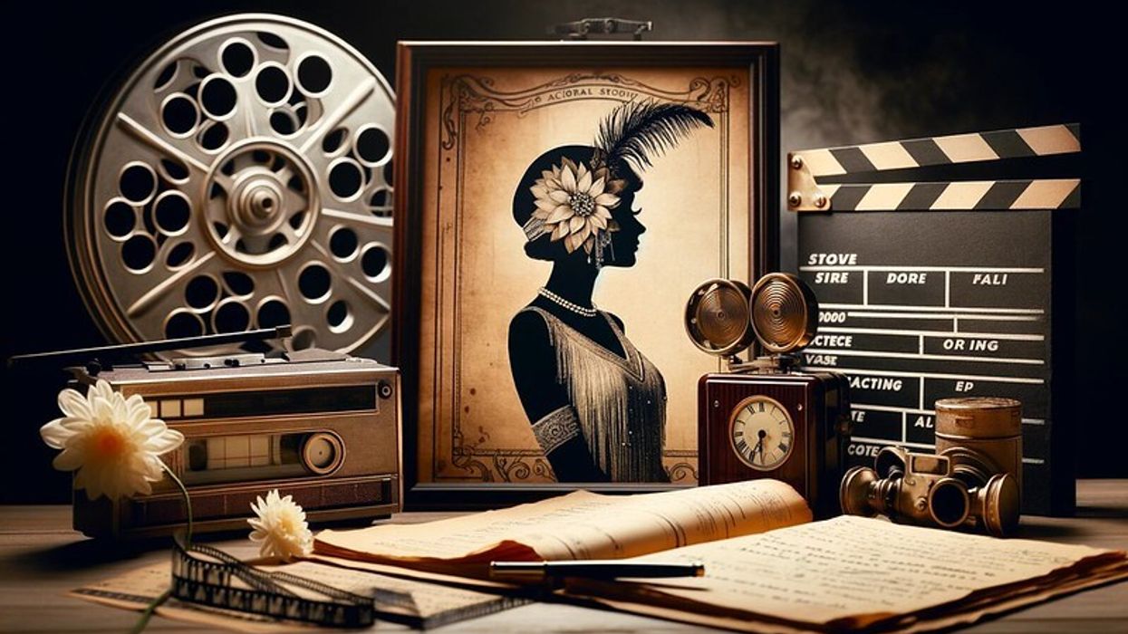 Silhouette of an actress, vintage acting scripts, and a video recorder.
