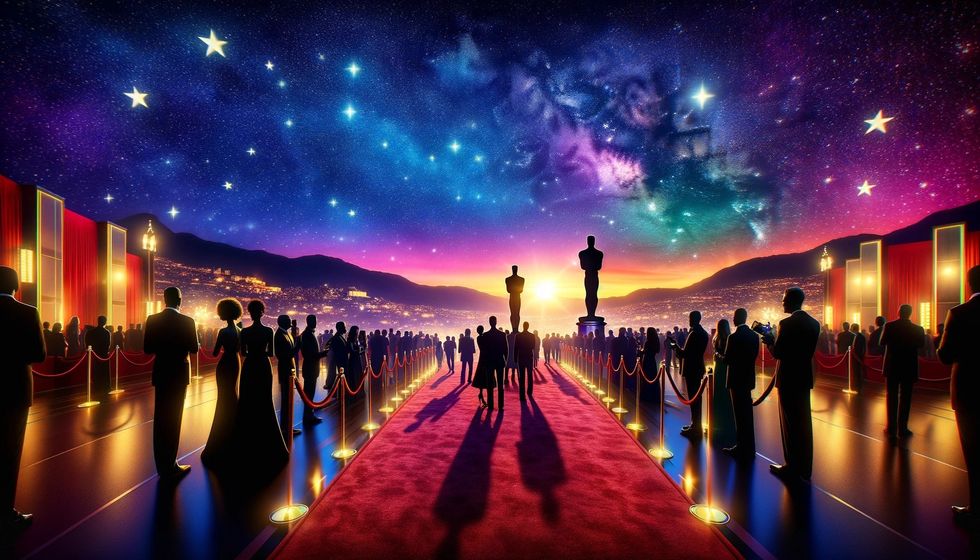 Silhouettes of people walking down the red carpet towards an Oscar statue under a starry sky, evoking the glamour of Academy Award Facts.
