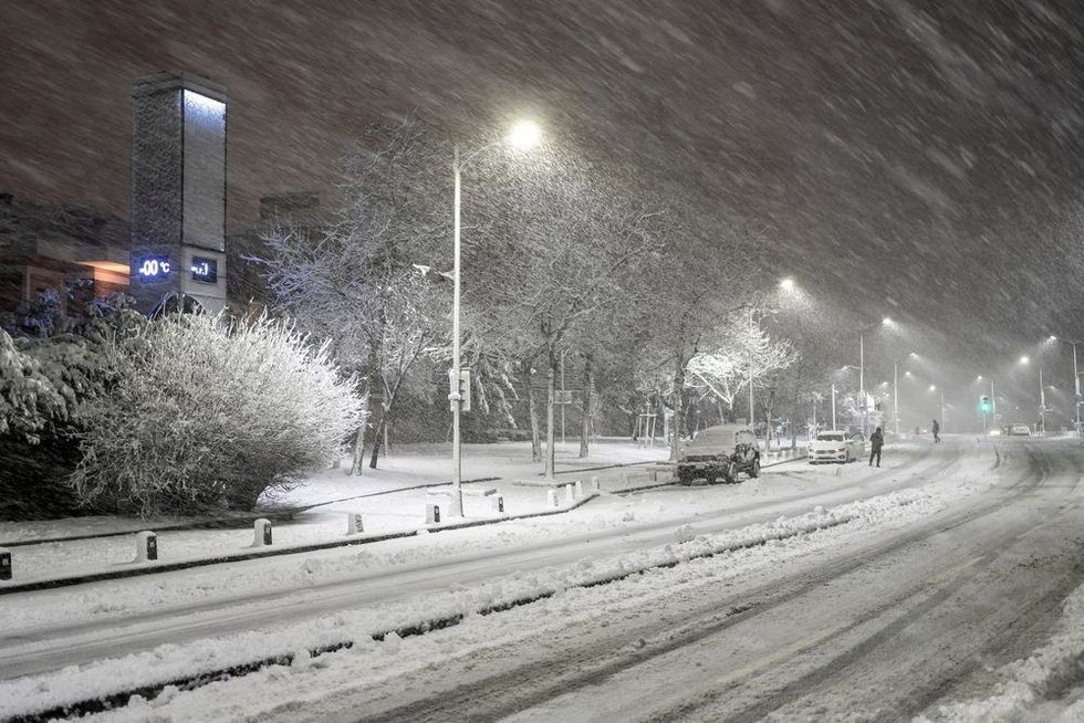 Snow cityscape of a street