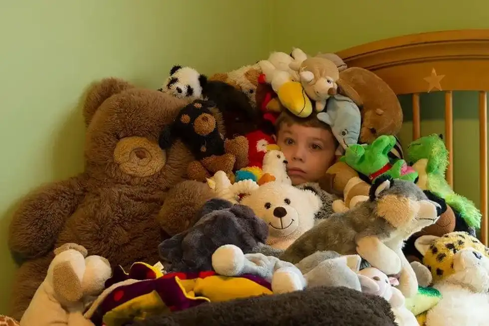 Soft toys heaped on the bed ready and waiting to get organised for a school photo.