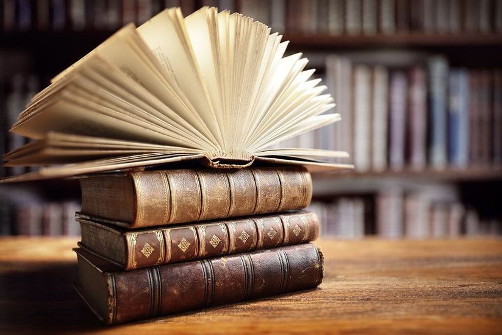 Stack of books in library