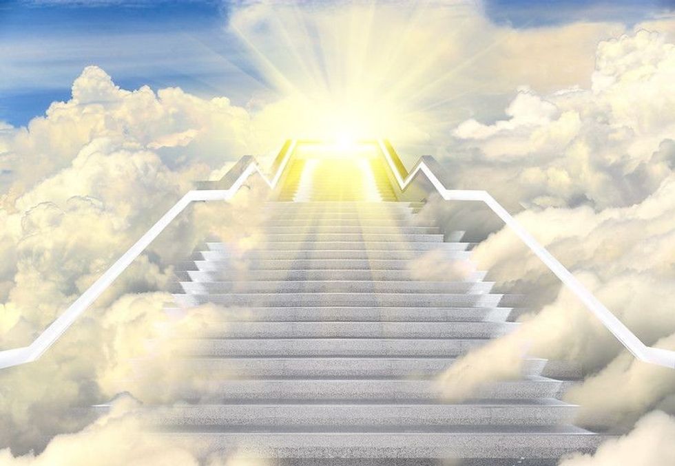 Stairs way leading up to heaven sky toward light
