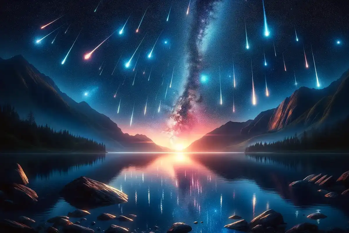 Stunning landscape of a meteor shower over a lake, perfect for learning meteor facts