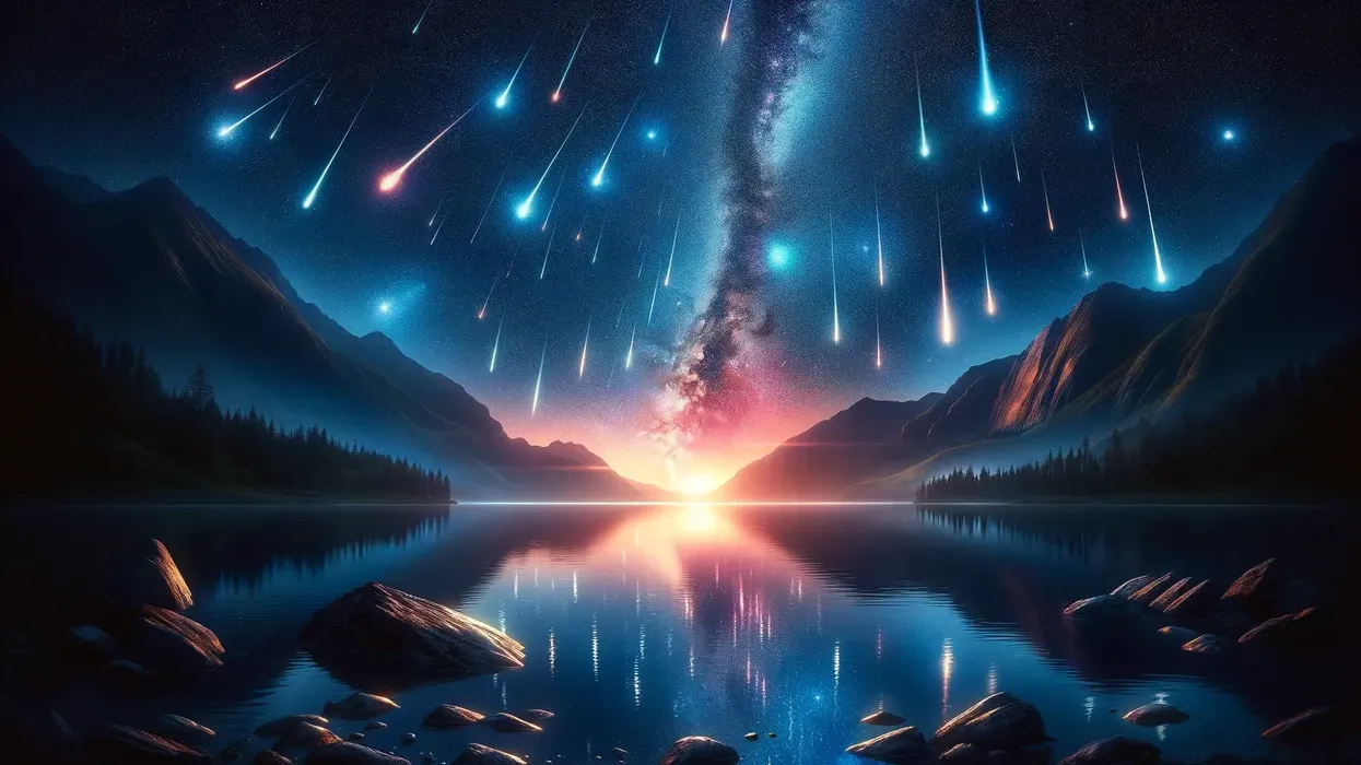 Stunning landscape of a meteor shower over a lake, perfect for learning meteor facts