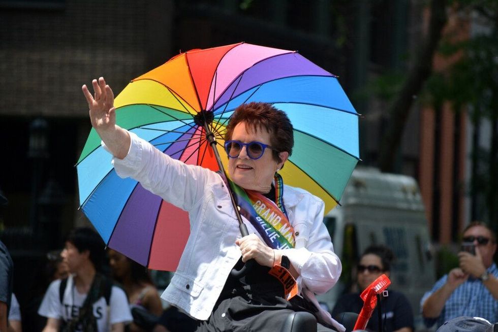 Tennis legend Billie Jean King waves to the crowd as Grand Marshall of the New York City Pride Parade.