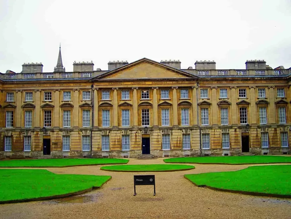 The Christ Church College Rooms and grounds in Oxford on a cloudy day.