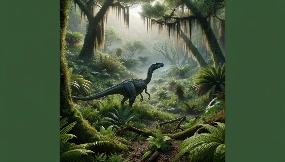 The Dryosaurus in a lush, Late Jurassic forest habitat, foraging among ferns, cycads, and conifers.