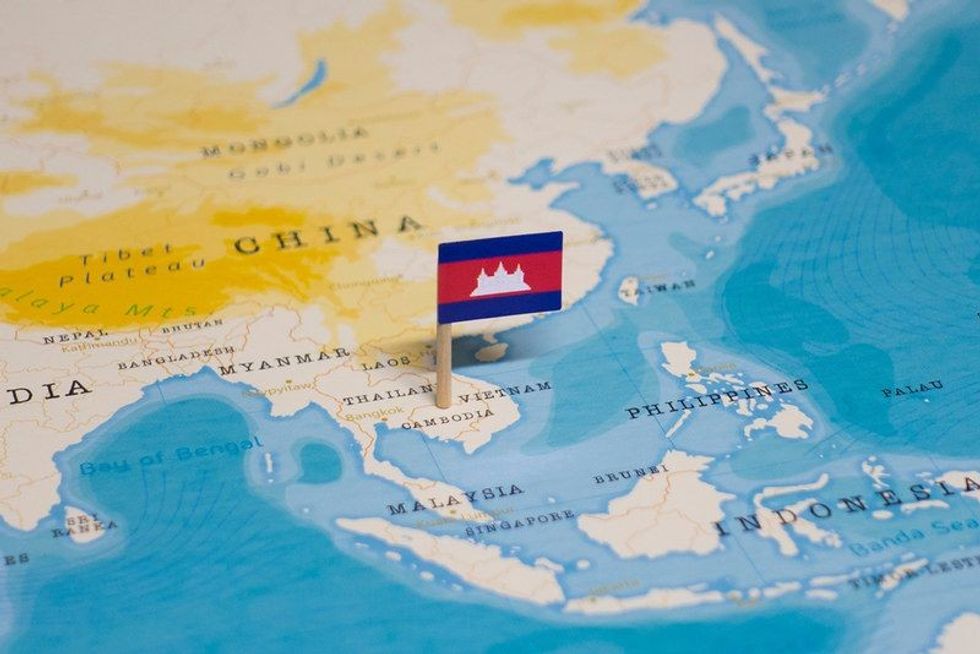 The Flag of Cambodia in the World Map.