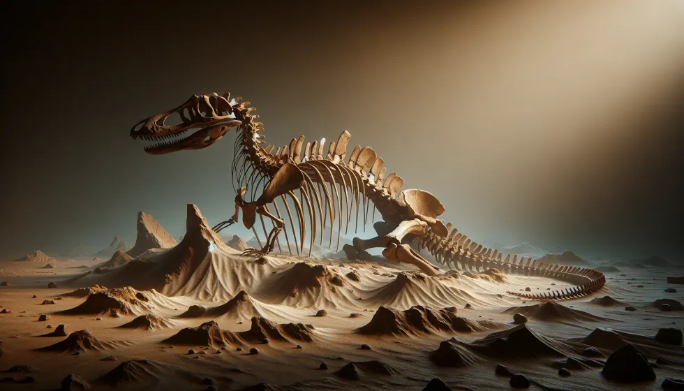 The fossil remains of a Dryosaurus against an earthy background, showcasing its skeletal structure in detail.