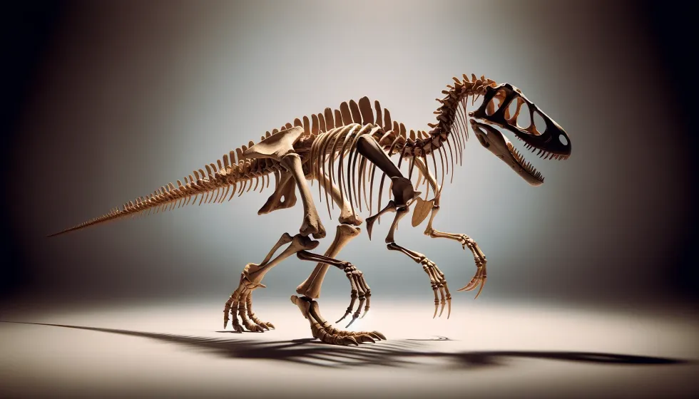 The fossil remains of a Megaraptor, presented on a clean background to showcase its skeletal structure, with emphasis on its distinctive long claws and slender limbs.