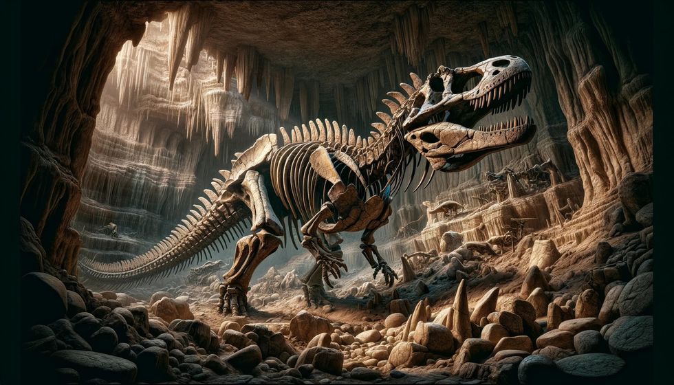 The fossil remains of an Anodontosaurus, featuring armored plates and shoulder spikes, as found in Late Cretaceous period rock layers.