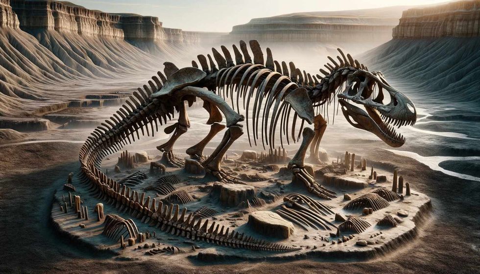 The fossil remains of Bruhathkayosaurus laid out at a paleontological dig site, highlighting the dinosaur's skeletal structure against a backdrop of sediment and rock.