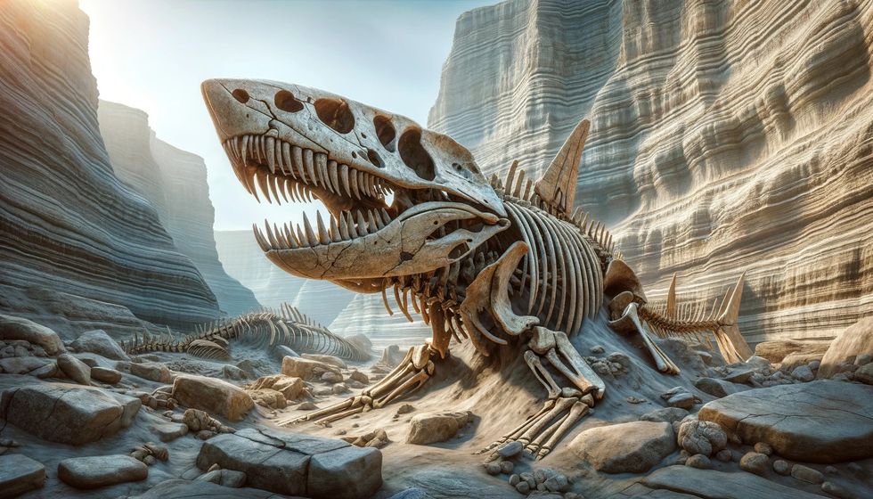 The fossilized remains of a Cretoxyrhina embedded in rock, highlighting its large teeth and streamlined body structure.