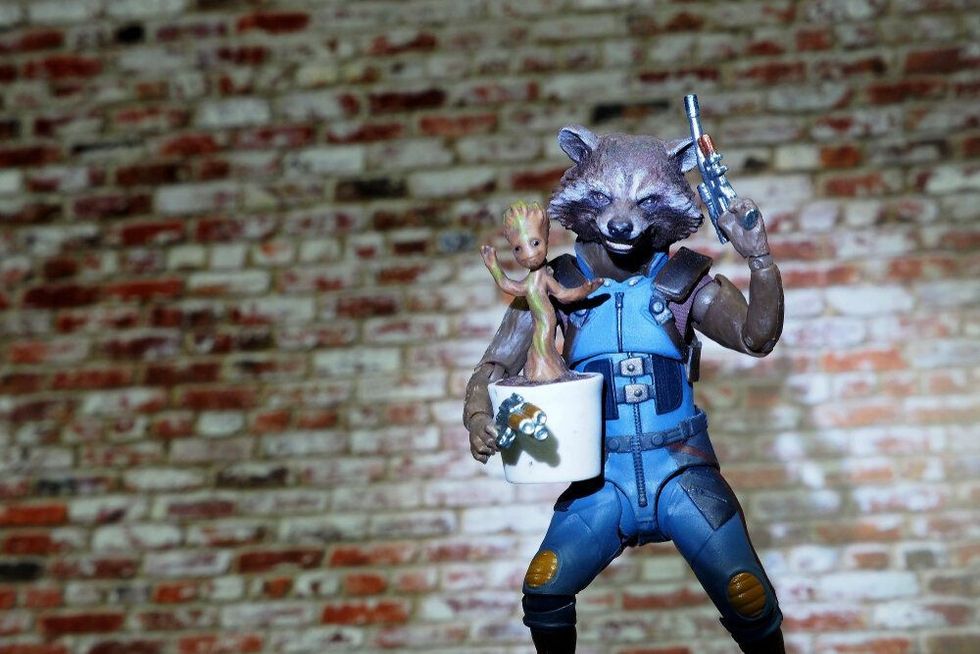 The Guardians of the Galaxy’s member Rocket Raccoon and Groot, action figure from famous Marvel comic.