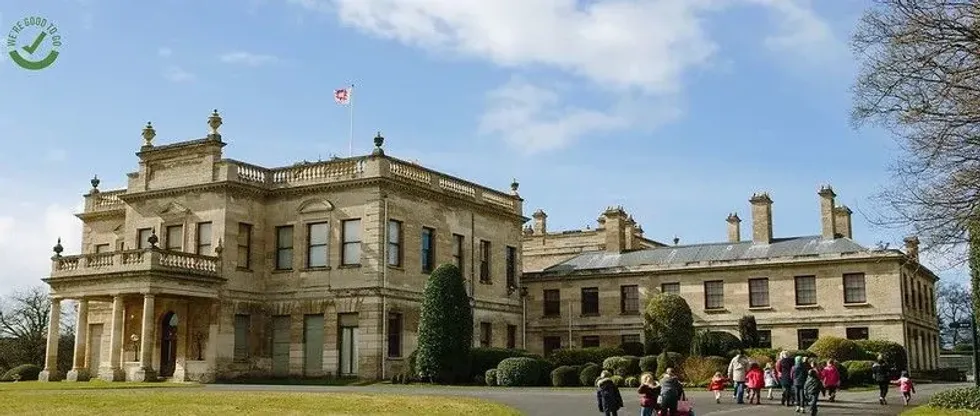 The huge, Victorian Brodsworth Hall and Gardens on a sunny day.