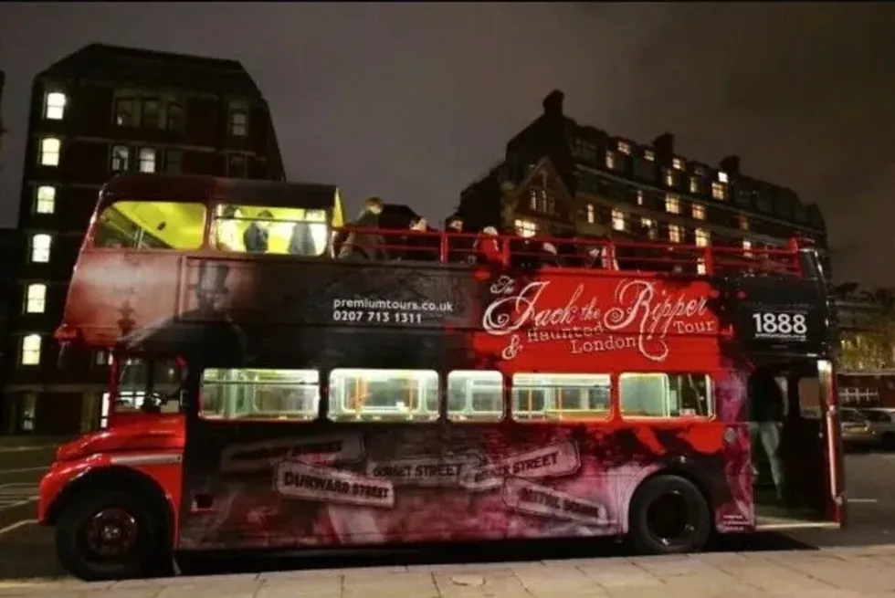 The Jack the Ripper vintage open top tour bus that will take you round for the night.