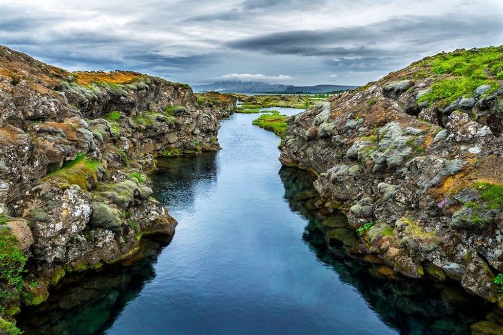 The Silfra fissure between the North American and Eurasian continental plates located in Thingvellir National Park.