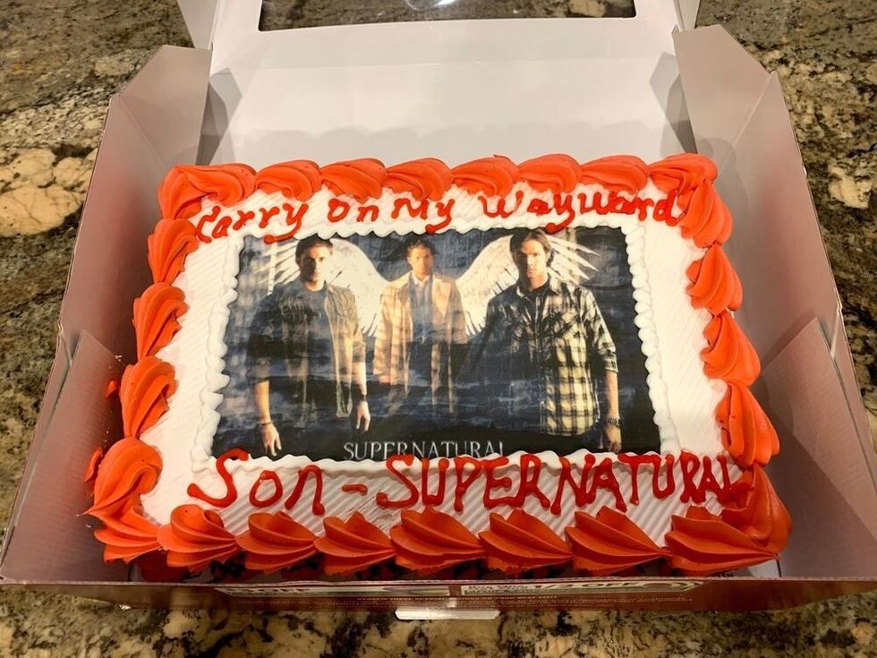 The top down view of a Supernatural themed cake