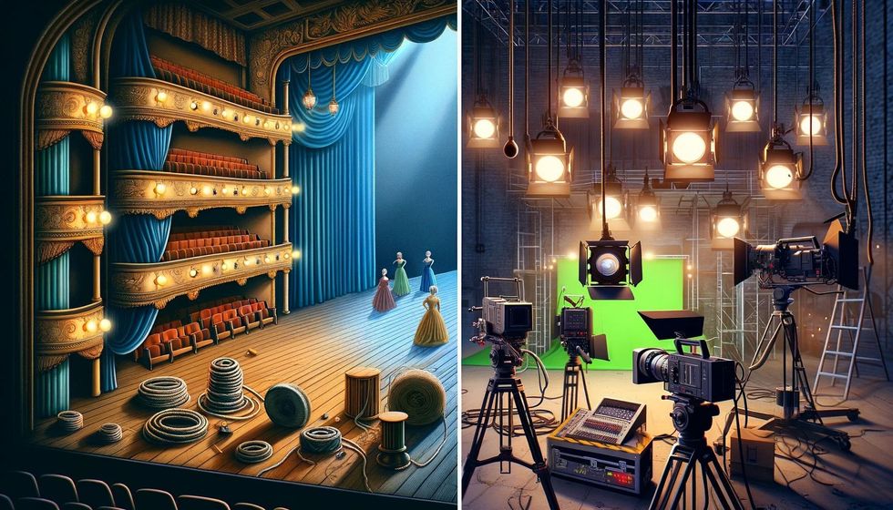 Theater stage with traditional props on the left and a film set with advanced technology on the right.