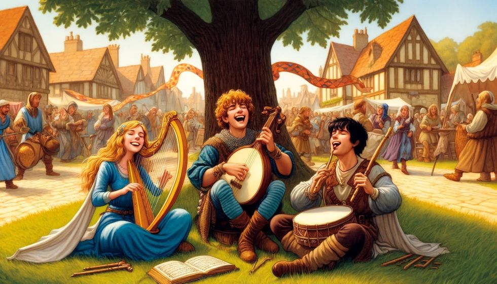 Three bards in a medieval celebratory setting, playing musical instruments and enjoying a session together.