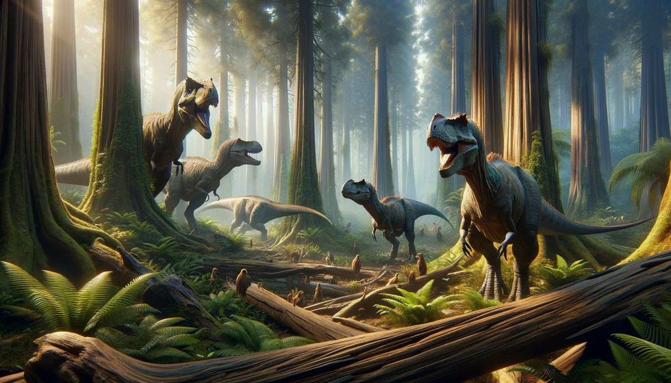 Three Bruhathkayosaurus dinosaurs engaging in social behaviors within a Late Cretaceous forest, showcasing group dynamics among these massive creatures.