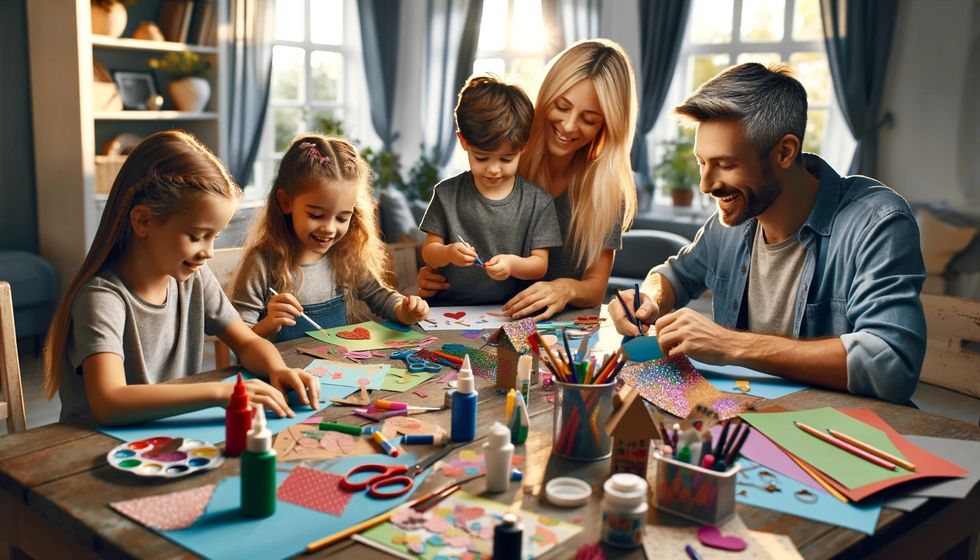 Three children and two adults joyfully making arts and crafts together at a table.