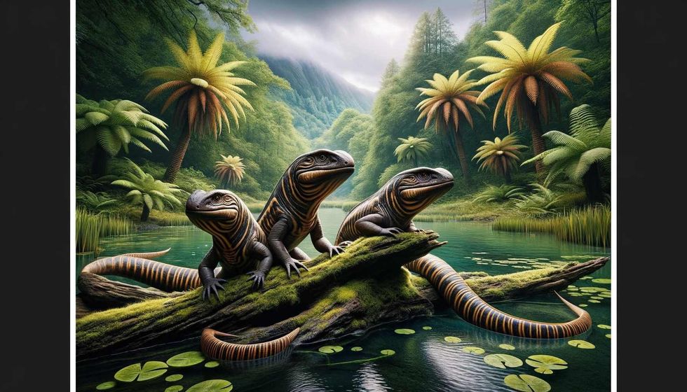 Three Diplocaulus amphibians resting on a fallen tree trunk over a water body, with a backdrop of prehistoric plants and a foggy, forested landscape.
