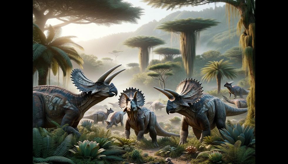 Three Protoceratops engage in social behaviors within a Cretaceous landscape, surrounded by ferns, cycads, and conifers.
