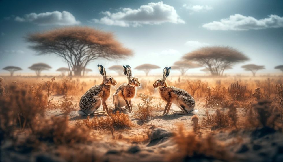 Three spring hares engaging socially in the African savannah, surrounded by sparse vegetation, in a broad landscape view.